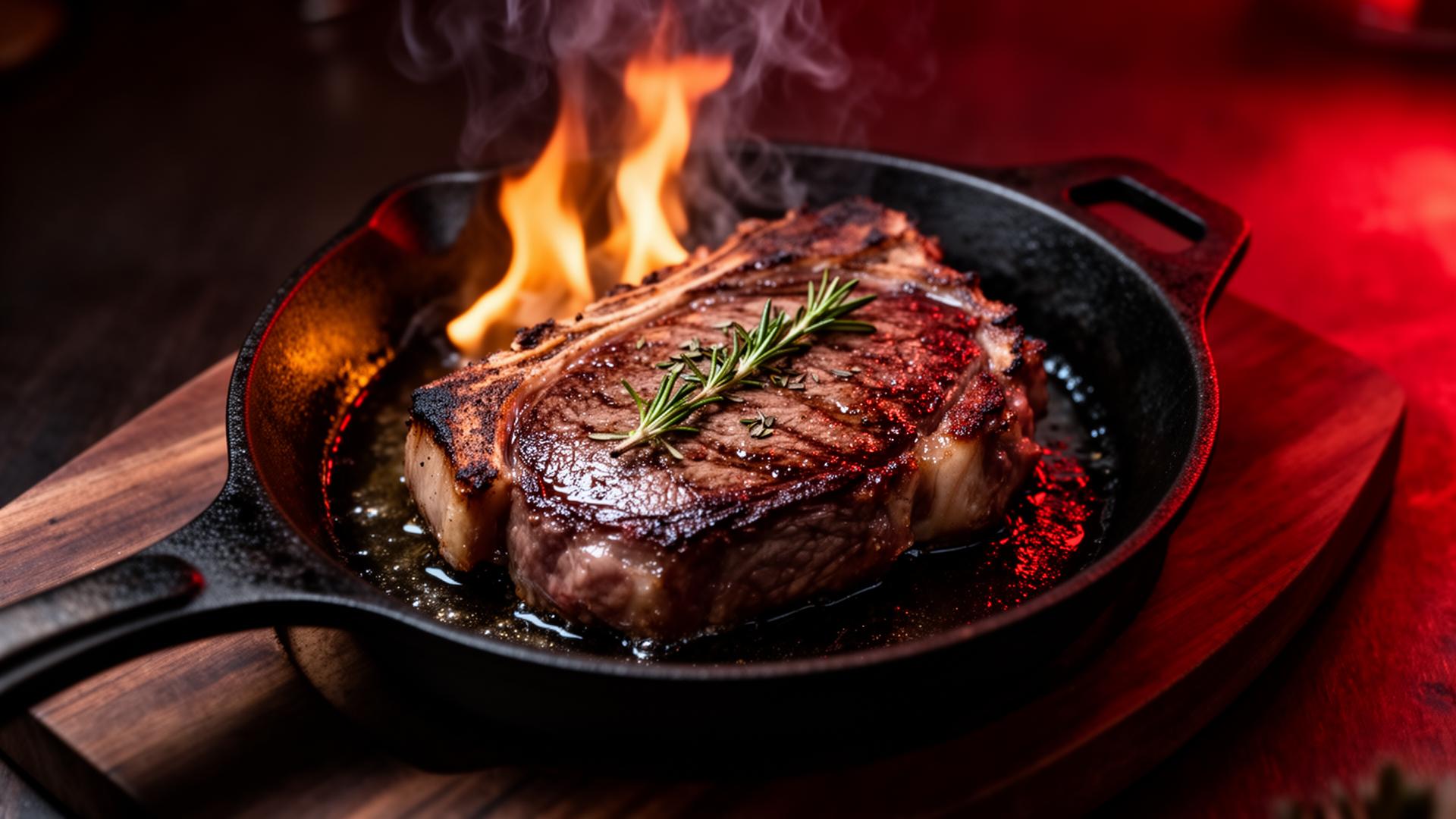 Sizzling ribeye on cast iron with flame